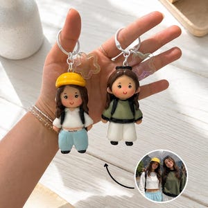 May include: Two custom character keychains featuring miniature figures with brown hair, attached to white metal rings with iridescent star charms. One figure wears a yellow cap, white top, and light blue pants; the other wears a green top and white pants.