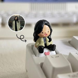 Puede incluir: Una figura en miniatura de una persona con cabello negro y una chaqueta beige sentada en una tecla del teclado. Un peque&ntilde;o coraz&oacute;n rosa est&aacute; al lado de la figura. Una imagen circular de una persona con abrigo est&aacute; en el fondo.