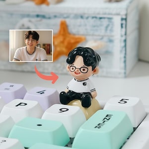 Puede incluir: Una peque&ntilde;a figura de una persona con gafas y una camisa blanca con ribetes negros, sentada sobre una superficie amarilla. La figura est&aacute; colocada en un teclado con teclas de colores pastel. Una foto de una persona est&aacute; en el fondo.