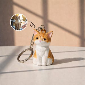 Pode incluir: Um chaveiro em forma de gato em laranja e branco, com um porta-chaves e corrente prateados. A figura do gato tem detalhes, incluindo um nariz rosa e olhos castanhos. Uma pequena imagem de um gato está no canto superior esquerdo.