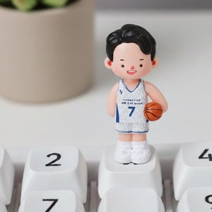 Puede incluir: Pequeña figura de un jugador de baloncesto con uniforme blanco y azul con el número 7, sosteniendo un balón de baloncesto naranja. La figura está sobre una tecla blanca de teclado. El uniforme tiene el texto "THANH PHO HO CHI MINH".