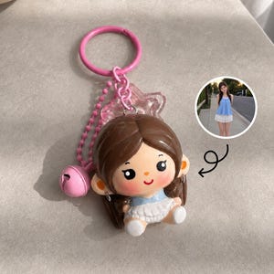 Puede incluir: Un llavero con una pequeña figura de una persona con cabello castaño, vistiendo una blusa azul claro y una falda blanca. La figura está unida a un anillo rosa y una cadena de bolas rosa con una pequeña campana rosa. Se incluye una foto circular.