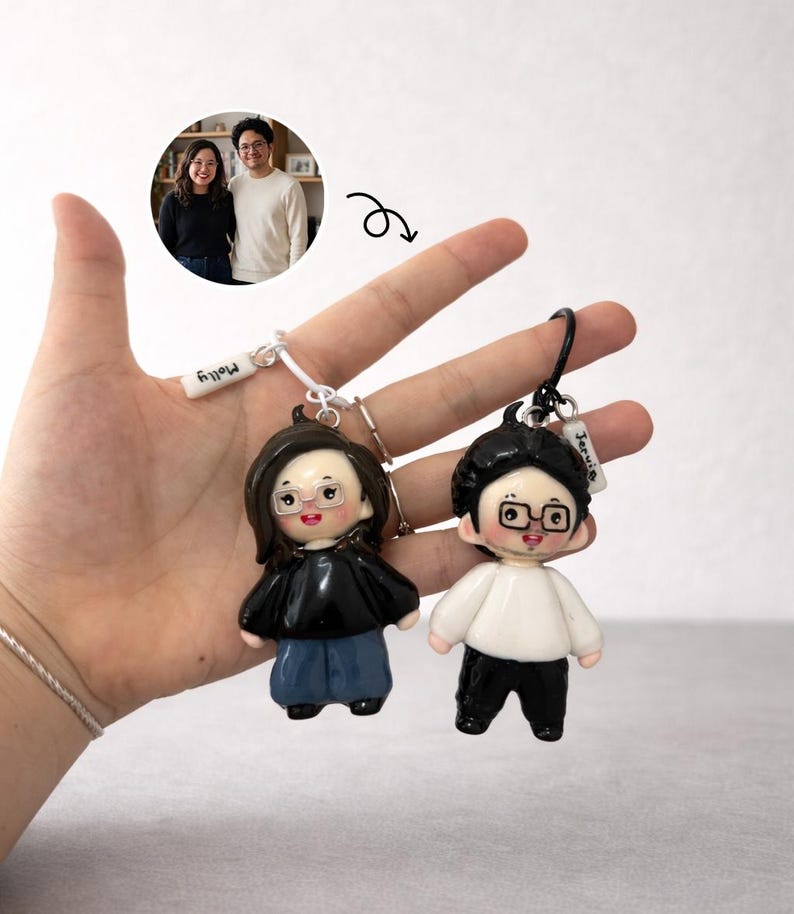 Personalized Clay Couple Keychain, Custom Clay Keychain from Photo, Handmade Clay Figurine, Mini Figurine Keyring image 2