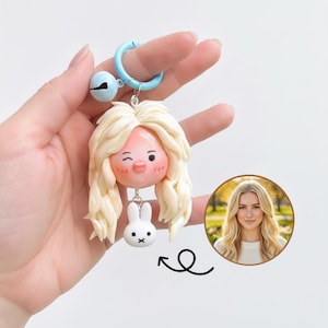 Portachiavi in argilla con volto personalizzato, portachiavi bambola personalizzato, bambola ritratto, portachiavi di coppia, portachiavi in argilla polimerica fatto a mano