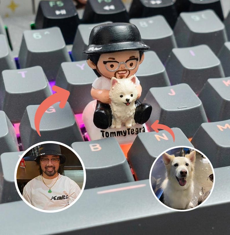 Puede incluir: Una figura de un hombre con sombrero negro y gafas, sosteniendo un perro blanco peque&ntilde;o, est&aacute; sobre un teclado de computadora. La figura est&aacute; sobre una base rosa. El nombre "TommyTegra" est&aacute; impreso en la base. Dos im&aacute;genes circulares est&aacute;n en la parte inferior.