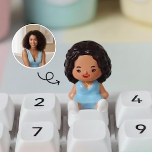 Puede incluir: Una figura en miniatura de una mujer con cabello oscuro y un vestido azul est&aacute; sentada sobre una tecla blanca del teclado. La figura es una representaci&oacute;n de dibujos animados de una mujer. Una peque&ntilde;a imagen de la mujer est&aacute; en la esquina superior izquierda.