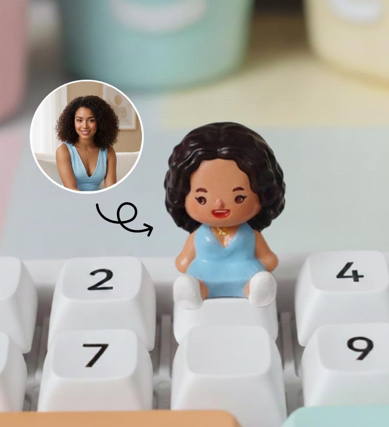 Puede incluir: Una figura en miniatura de una mujer con cabello oscuro y un vestido azul est&aacute; sentada sobre una tecla blanca del teclado. La figura es una representaci&oacute;n de dibujos animados de una mujer. Una peque&ntilde;a imagen de la mujer est&aacute; en la esquina superior izquierda.