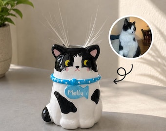 Custom Cat Whisker Holder, Personalized Cat Vase from Photo, Cat Mom Gift, Pet Memorial Keepsake, Handmade Clay Cat