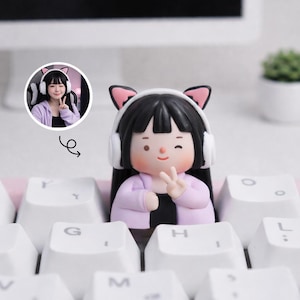 May include: A figurine of a girl with black hair, wearing a pink jacket, black shirt, and cat ear headphones, sitting on a white keyboard. The figurine is giving a peace sign. A small image of a girl with cat ears is in the upper left corner.