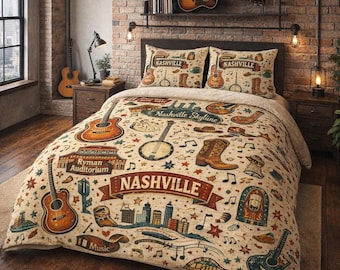 Nashville Music Icons Cotton Bed Set | Guitar Cowboy Boots Microphone