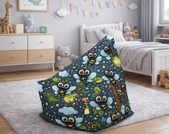 Pokrowiec na fotel-worek Firefly Night | Fantastyczne owady, gwiazdy, nadruk księżycowy
