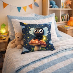 Puede incluir: Cojín decorativo cuadrado con un diseño caprichoso. El cojín presenta un insecto negro de estilo caricatura con ojos grandes y alas, posado sobre una seta. El fondo es un cielo estrellado con nubes y una luna. El cojín está sobre una cama.