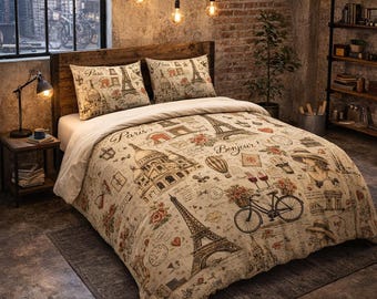 Paris Vintage Collage Cotton Bed Set | Eiffel Tower, Bicycle, Bonjour Pattern