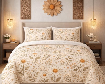 Daisy Floral Quilt Cover 3er-Set | Bettbezug mit 2 Kissenbezügen