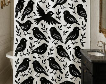 Douchegordijn met vogelprint - zwart-wit botanische badkamerdecoratie