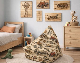 Vintage Farm Tools Bean Bag Chair Cover | Rustic Tractor Hay Wagon Pattern