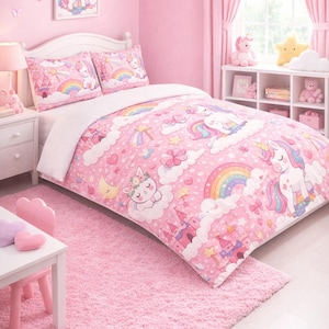 Pode incluir: Um quarto rosa com tema de unicórnio. A cama tem um edredom e fronhas rosa com desenhos de unicórnios e arco-íris. Um tapete, cortinas e paredes rosas completam o quarto. Um brinquedo de pelúcia de unicórnio está no chão.