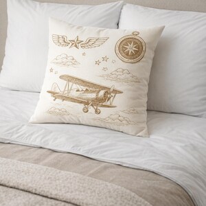 Vintage Airplane Pillow | Aviator Compass Wings Square Pillow