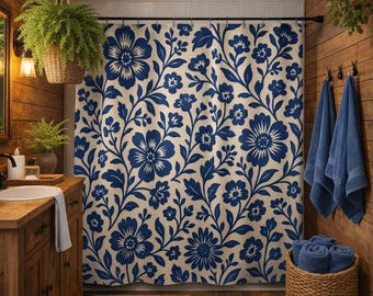 Blue Floral Vintage Pattern Shower Curtain | Cottage Botanical Bathroom Decor