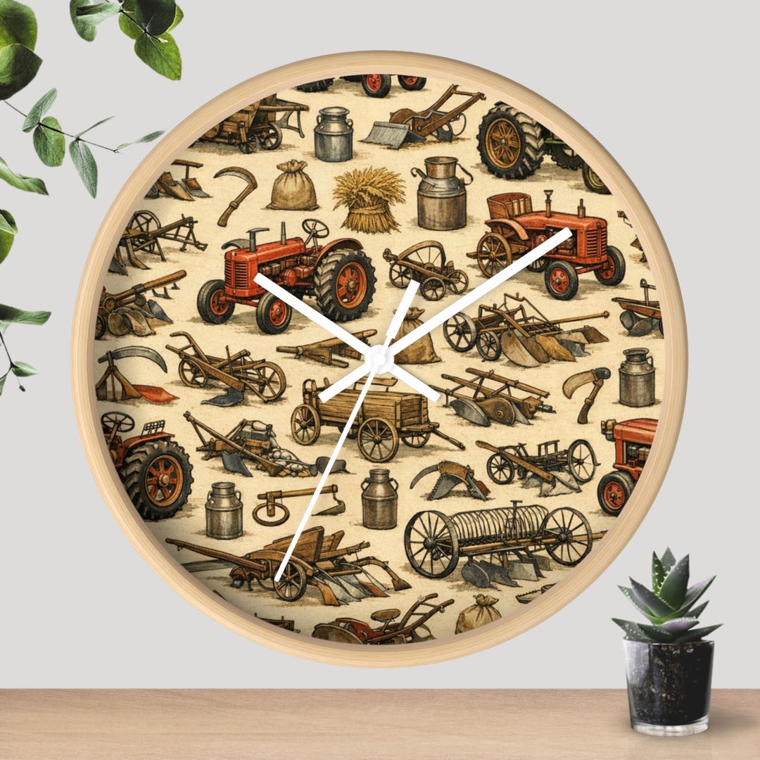Vintage Farm Tractor Pattern Wall Clock | Rustic Agricultural Tools ...