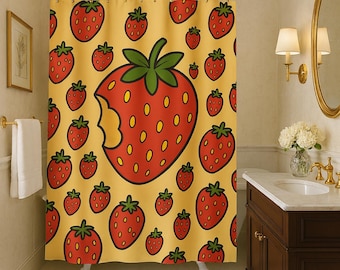 Cortina de ducha con estampado de fresas retro vintage / Bonita decoración de baño con frutas