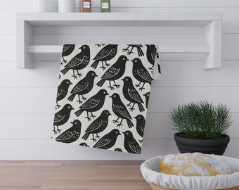 Black Bird Print Tea Towel - Rustic Farmhouse Kitchen Decor