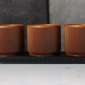 Könnte beinhalten: Drei braune, zylindrische Pflanzgefäße mit vertikalen Rippendetails stehen auf einem schwarzen Tablett. Die Pflanzgefäße sind in einer Reihe angeordnet und zeigen ein minimalistisches Design. Das Tablett hat einen strukturierten, geriffelten Rand.