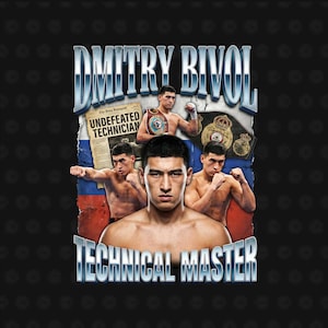 May include: A graphic featuring Dmitry Bivol, a boxer, with the text "Dmitry Bivol" in a stylized font. The image includes the words "Undefeated Technician" and "Technical Master". The background has a Russian flag.