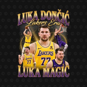 May include: A graphic featuring Luka Dončić in a Lakers jersey, with the text "Luka Dončić Lakers Era" and "Luka Magic." The image includes multiple action shots of the basketball player in yellow and purple Lakers uniforms, with the number 77.