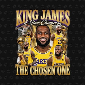May include: A graphic featuring LeBron James in a yellow and purple Lakers jersey. The text reads "KING JAMES 4-Time Champion" and "THE CHOSEN ONE." The image includes multiple images of James with trophies.
