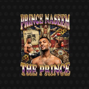Puede incluir: Diseño gráfico con el texto "PRINCE NASEEM" y "THE PRINCE" en fuente dorada y morada con estampado de leopardo. El diseño incluye imágenes de un boxeador, un periódico y un fondo de bandera de la Union Jack.