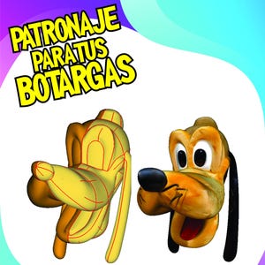 Puede incluir: Imagen que presenta una cabeza de perro de dibujos animados y un modelo 3D de la misma cabeza de perro. La cabeza del perro es amarilla y naranja con orejas negras y una nariz negra. El texto "PATRONAJE PARA TUS BOTARGAS" está en la parte superior.