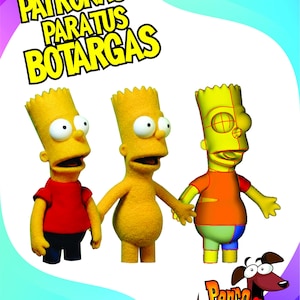 Puede incluir: Tres figuras amarillas de Bart Simpson, cada una con un diseño único, tomadas de la mano. Uno lleva una camisa roja, otro está desnudo y el tercero tiene una camisa naranja y pantalones cortos azules. La imagen incluye texto en español: "PATRONAJE PARATUS BOTARGAS" y un logo de perro de dibujos animados.