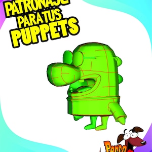 May include: A bright green 3D digital model of a cartoon character with a large nose and open mouth, featuring red wireframe grid lines. The text PATRONAJE PARA TUS PUPPETS appears at the top, and a dog logo with Perro Bailarin is at the bottom.