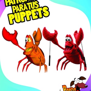 Pode incluir: Ilustração com dois caranguejos de desenho animado com grandes garras vermelhas. Um caranguejo é laranja, o outro é vermelho. A imagem inclui o texto "PATRONAJE PARATUS PUPPETS" em amarelo e um logotipo de cachorro de desenho animado.