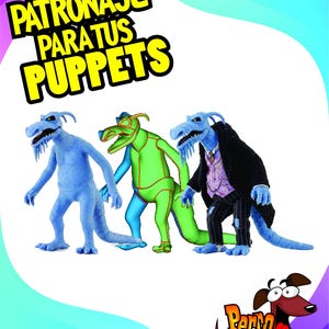 May include: Three blue and green creature figures standing in a row. The left figure is solid blue, the center is green with red outlines, and the right wears a black coat, purple vest, and striped pants. Text reads PATRONAJE PARA TUS PUPPETS.