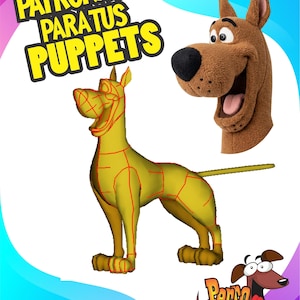 May include: A brown plush dog hand puppet with a black nose and open mouth, alongside a yellow 3D wireframe model of a dog. The image includes the text "PATRONAJE PARA TUS PUPPETS" in yellow and a "Perro Bailarín" logo with a cartoon dog illustration.