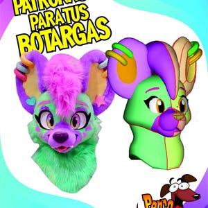 May include: A furry animal head mask with bright green fur, purple accents, and pink hair, alongside a 3D digital model of the same design. The text PATRONAJE PARATUS BOTARGAS and Perro Bailarín appear on the image.