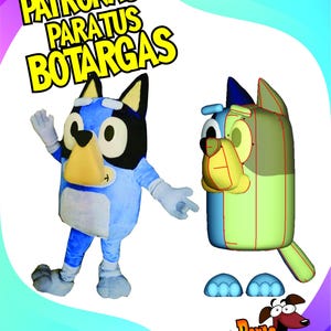 May include: A mascot costume of a blue dog character with a white belly and black ears, shown alongside a 3D digital wireframe model of the same character. The text PATRONAJE PARATUS BOTARGAS appears at the top and Perro Bailarin at the bottom.