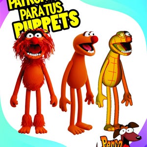 Puede incluir: Tres personajes de marionetas coloridas con rasgos exagerados. Las marionetas son naranjas, rojas y amarillas, con bocas grandes y ojos expresivos. La imagen incluye el texto "PATRONAJE PARA TUS PUPPETS" y un logotipo de perro de dibujos animados.