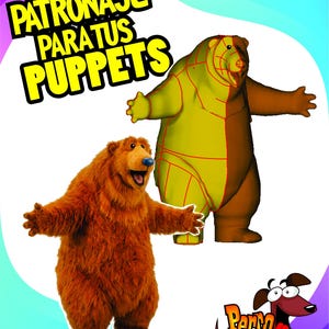 May include: A digital graphic featuring a brown bear character and a yellow bear pattern template with red lines. The text reads PATRONAJE PARA TUS PUPPETS and Perro Bailarin. The background is white with purple and blue curved edges.
