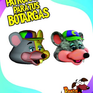 Puede incluir: Dos cabezas de mascota de ratón con gorras coloridas, una mostrando un diseño de estructura 3D y la otra un acabado texturizado. El texto PATRONAJE PARA TUS BOTARGAS aparece arriba, y un perro de dibujos con Perro Bailarín abajo.