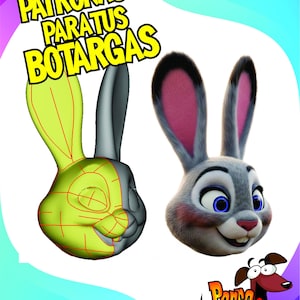 Può includere: Immagine con una testa di coniglio dei cartoni animati con occhi blu e pelliccia grigia, accanto a un modello 3D della stessa testa di coniglio. Il testo "PATRONAJE PARATUS BOTARGAS" è in alto, con un logo di cane dei cartoni animati in basso.