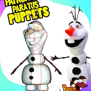 May include: A cartoon image featuring two snowman puppets. One is a 3D model with red outlines, the other is a plush toy. The image includes text that reads "PATRONAJE PARA TUS PUPPETS" and a logo with a dancing dog.
