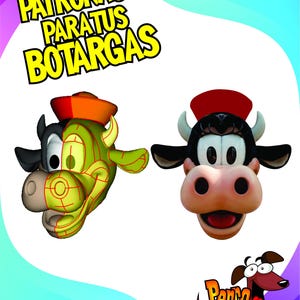 Könnte beinhalten: Ein farbenfrohes Grafikdesign mit zwei Kuhkopf-Designs, eines in Schwarzweiß, das andere grün mit roten Linien. Der Text "PATRONAJE PARATUS BOTARGAS" steht oben, mit einem Cartoon-Hund-Logo unten.