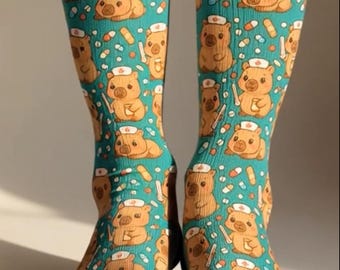 Nurses Week Gift, Capybara Nurse Novelty Crew Socks