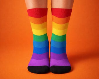 Queer Socken - Regenbogen gestreifte Crew Socken - Gay Pride Geschenk