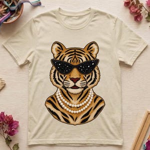 Tiger Sunglasses Pearl Necklace Boujee Rhinestone Beaded Gold Patch 300 DPI PNG Clipart