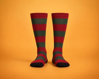 Horror Movie Crew Socks - Red and Green Striped Slasher Socks - Spooky Gift
