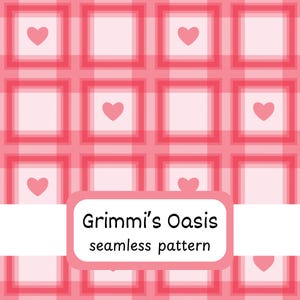 Può includere: Un motivo senza cuciture con una griglia di quadrati rosa e un bordo rosa più chiaro. Ogni quadrato contiene un cuore rosa. Il testo "Grimmi's Oasis seamless pattern" è su sfondo bianco.